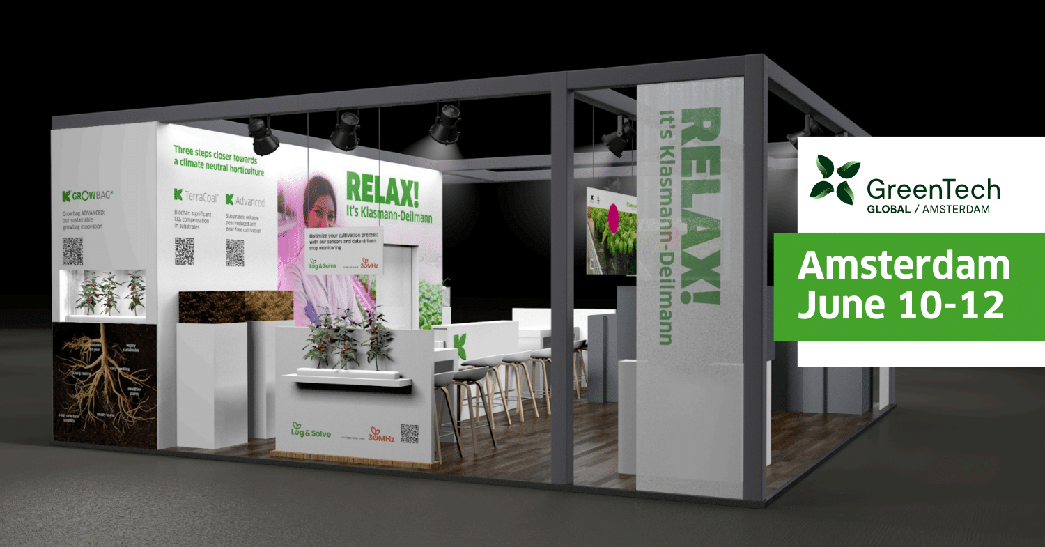 Exhibition booth design for Klasmann-Deilmann at GreenTech Global in Amsterdam, taking place from June 10–12. The booth features displays about sustainable horticulture solutions, including GrowBag ADVANCED, TerraCoal, and data-driven cultivation with Log & Solve. The design includes plant displays, informational graphics, and a seating area.